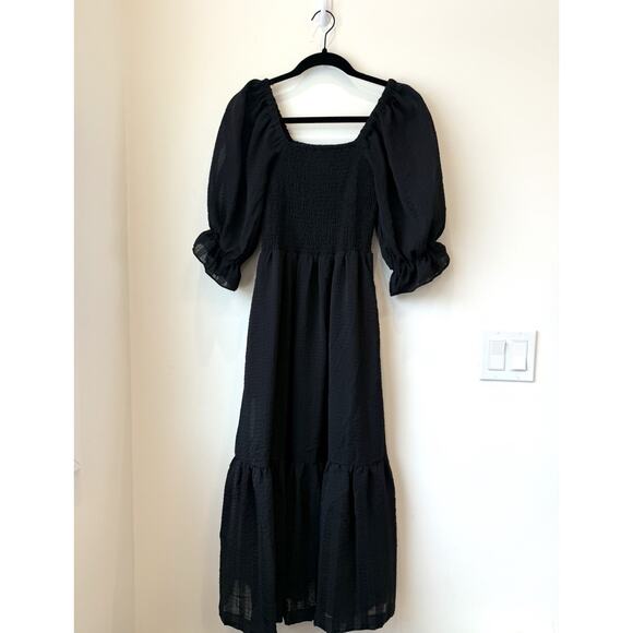 Madewell Women's Lucie Elbow-Sleeve Smocked Midi Dress XXS Black - Picture 2 of 9